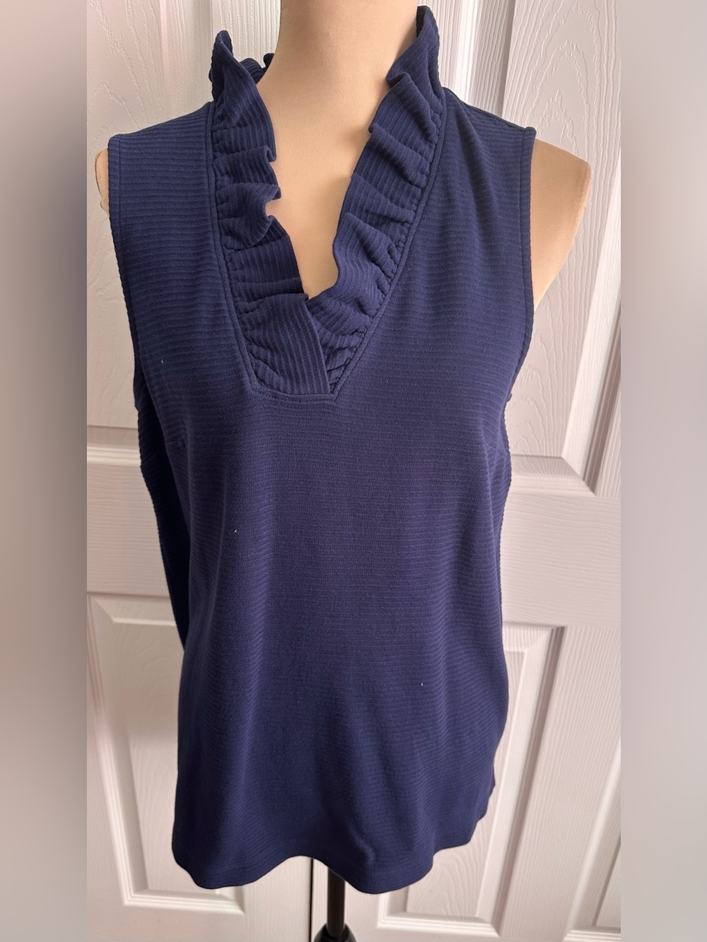 crown & ivy Navy Ruffle V-Neck Sleeveless Knit Tank